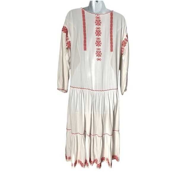 Sundance Cream Red Embroidered Boho Midi High Lo Summer Flowy Peasant Dress sz S - Picture 5 of 14